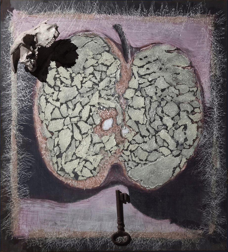 An abstract artwork featuring a cracked, apple-like shape in the center, adorned with a skull on the top left and an antique key at the bottom right. The background includes textured patterns and layers, highlighting themes of decay and transformation.